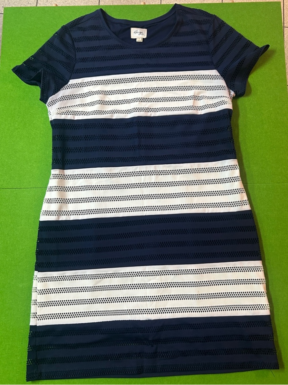 Beige by ECI Striped Sheath Dress Navy White Short Sleeve Large Nautical